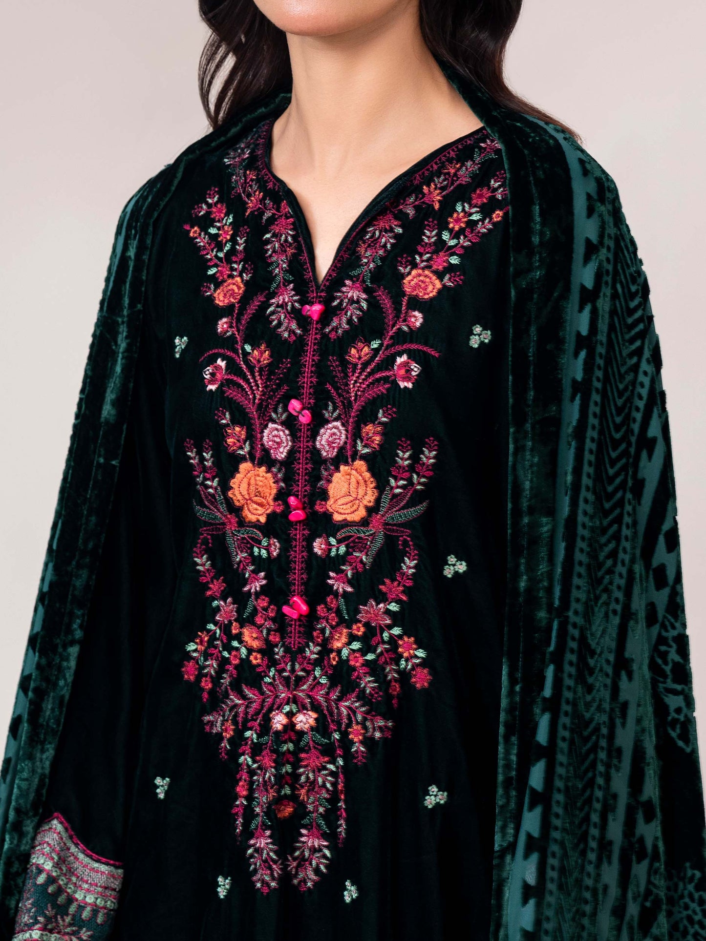 3 Piece Velvet Suit- Embroidered (Pret)