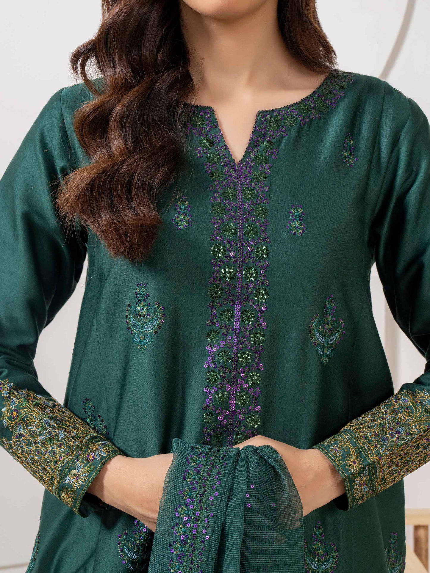 3 Piece Satin Suit-Embroidered (Pret)