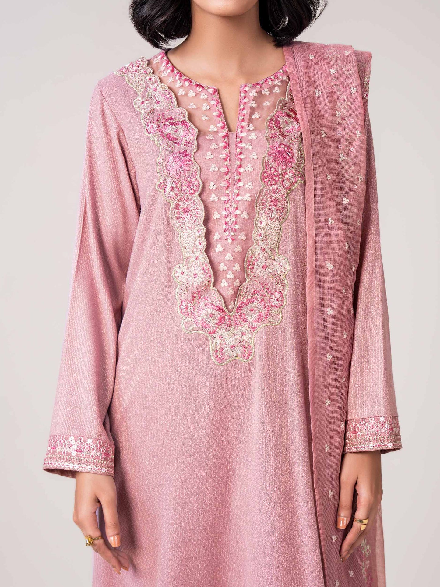 3 Piece Zari Karandi Suit- Embroidered (Pret)