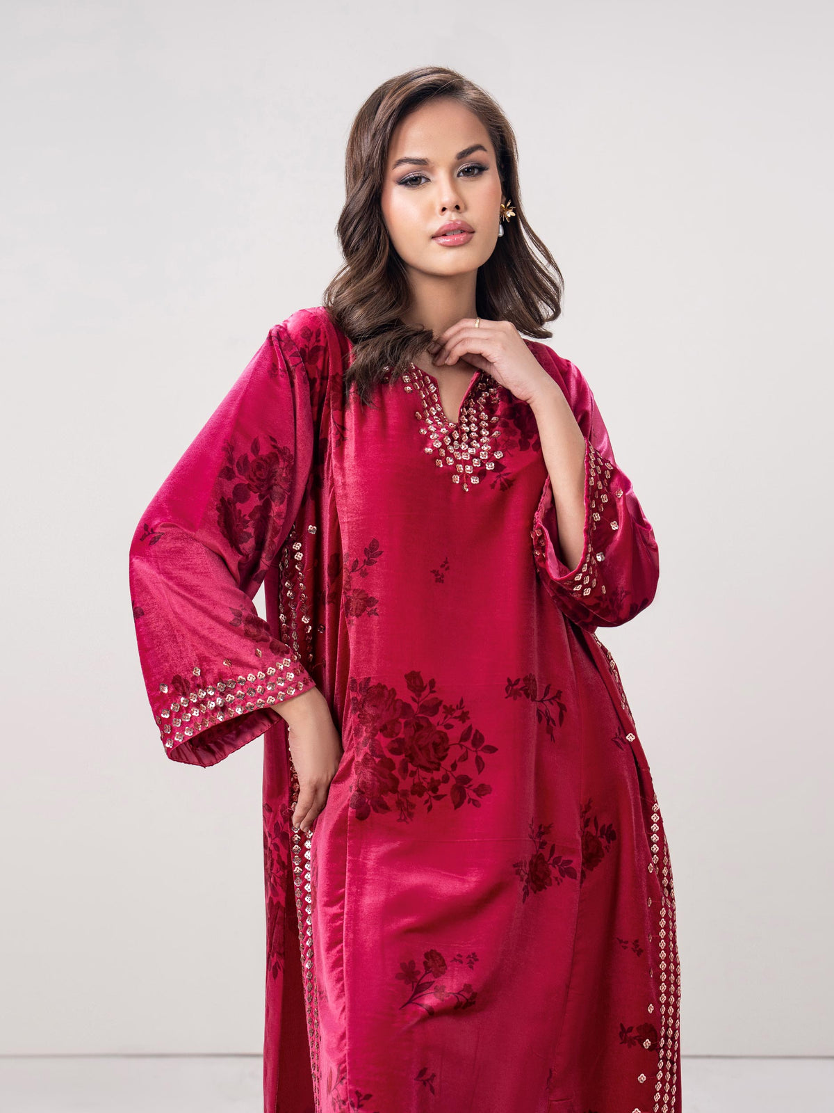 2-Piece Velvet Suit- Embroidered (Pret)