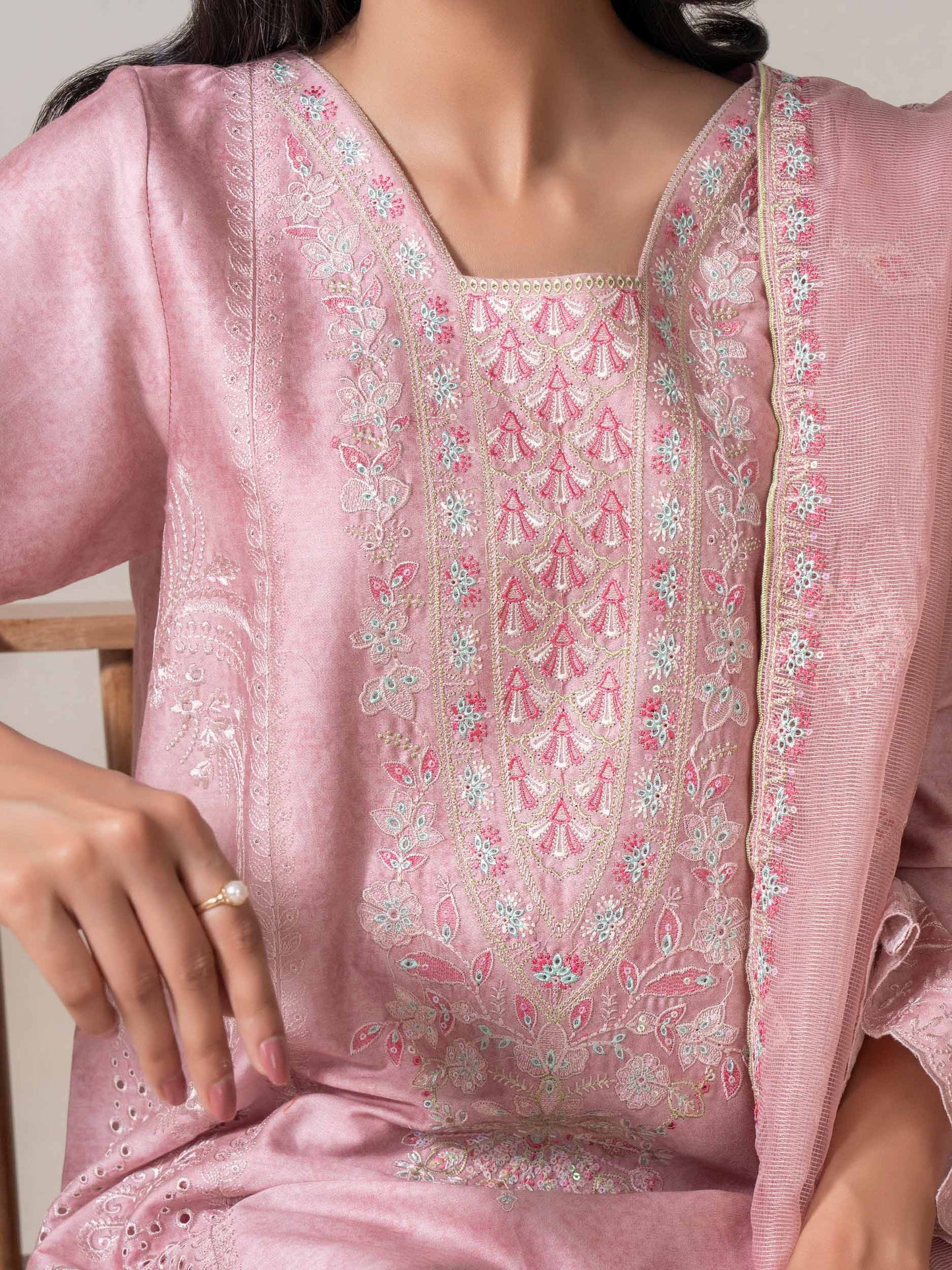 3 Piece Satin Suit-Embroidered (Pret)