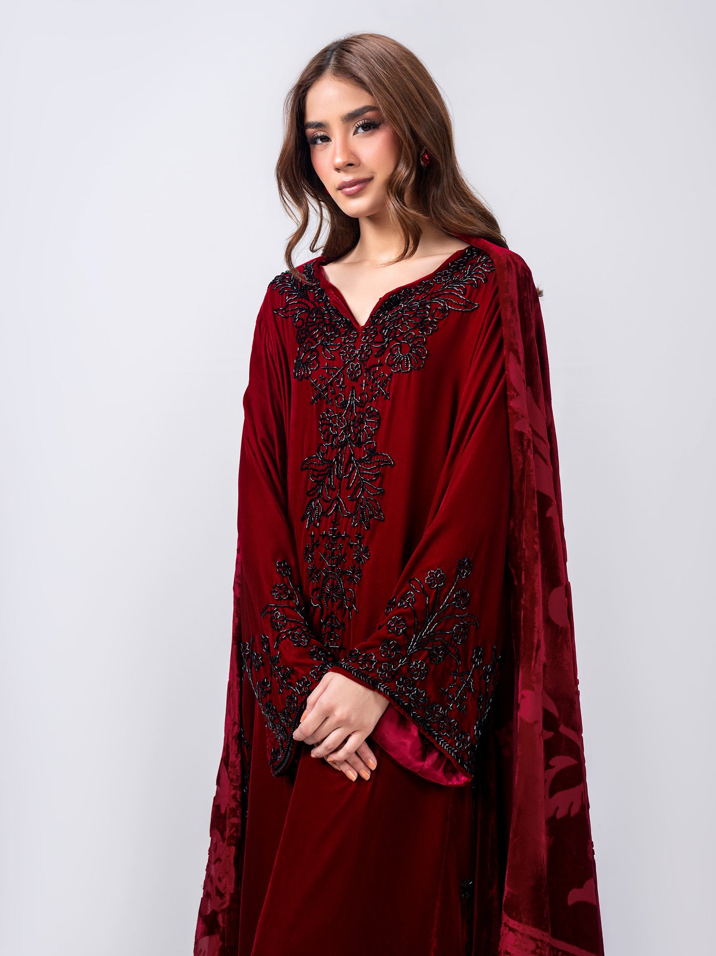 3 Piece Velvet Suit- Embroidered (Pret)