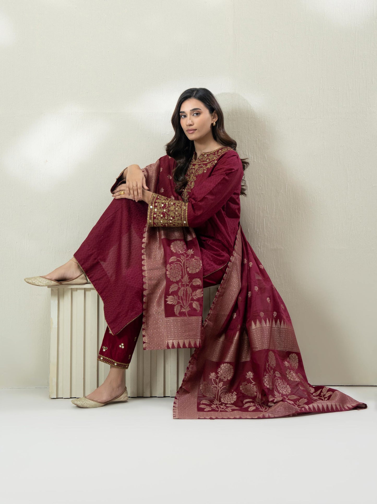 3-Piece Self Jacquard Suit- Embroidered (Pret)