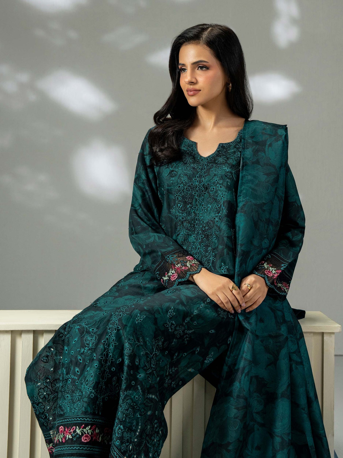 3-Piece Satin Suit- Embroidered (Pret)