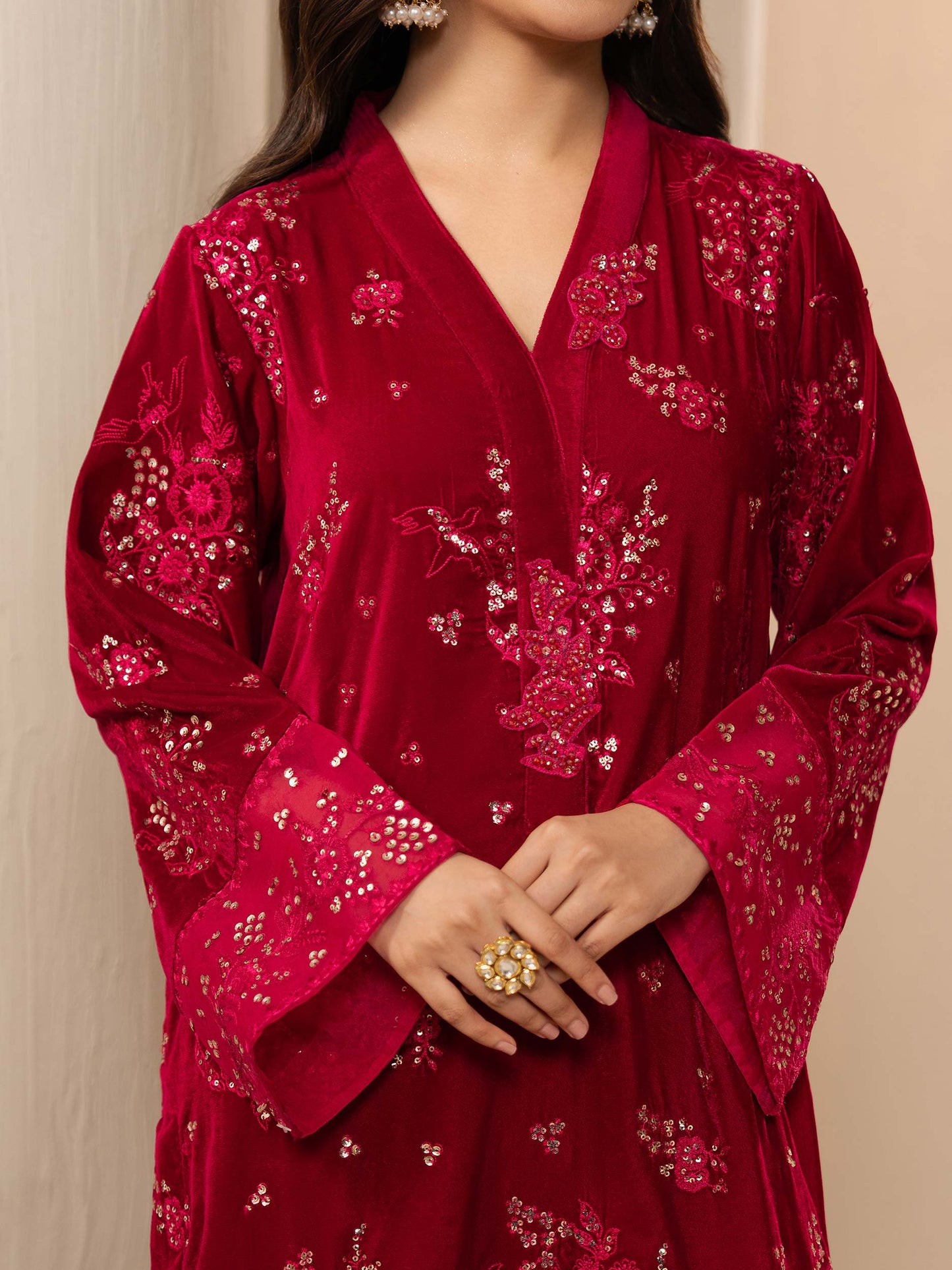 2 Piece Velvet Suit-Embroidered (Pret)