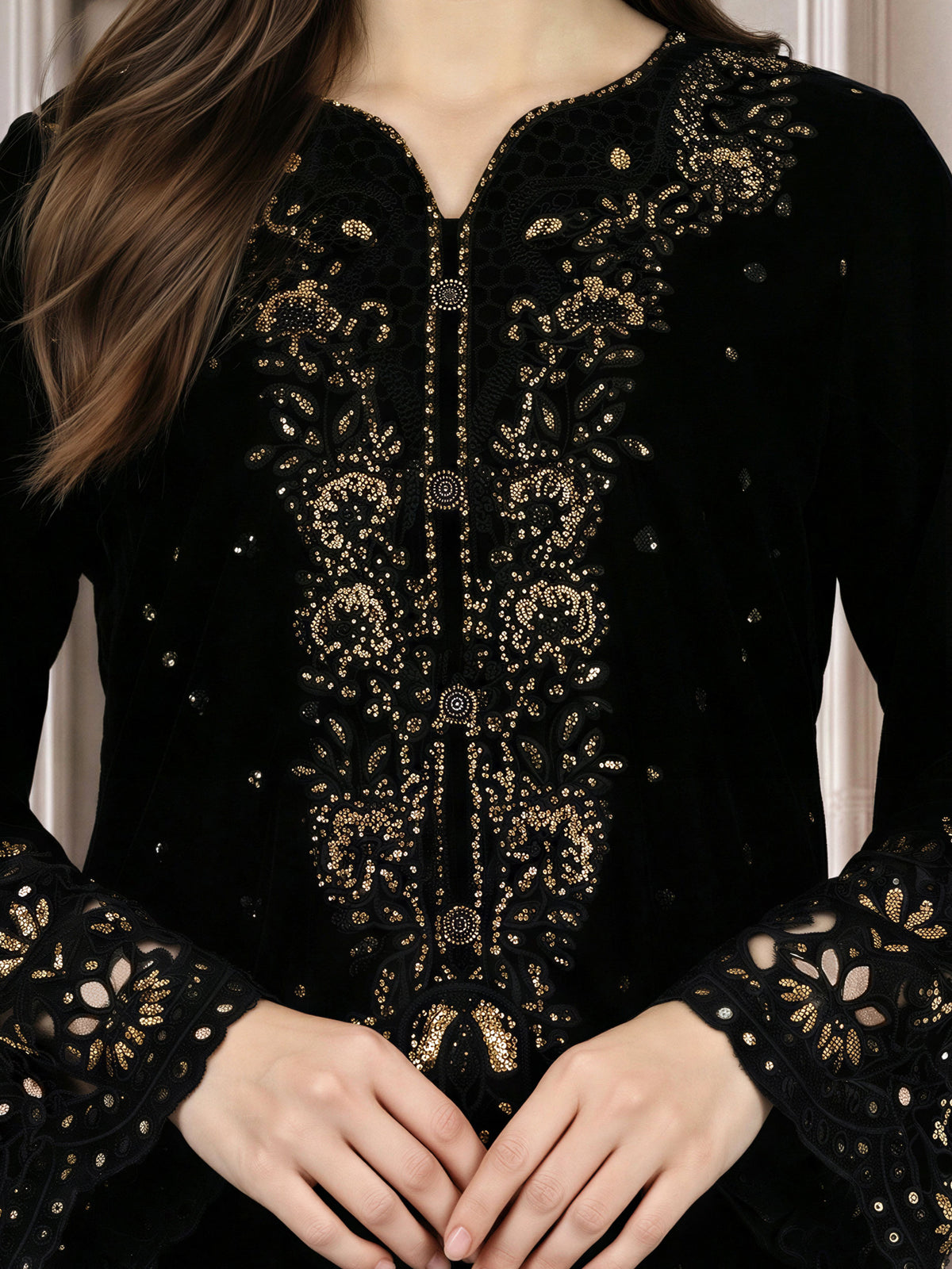 3 Piece Velvet Suit- Embroidered (Pret)