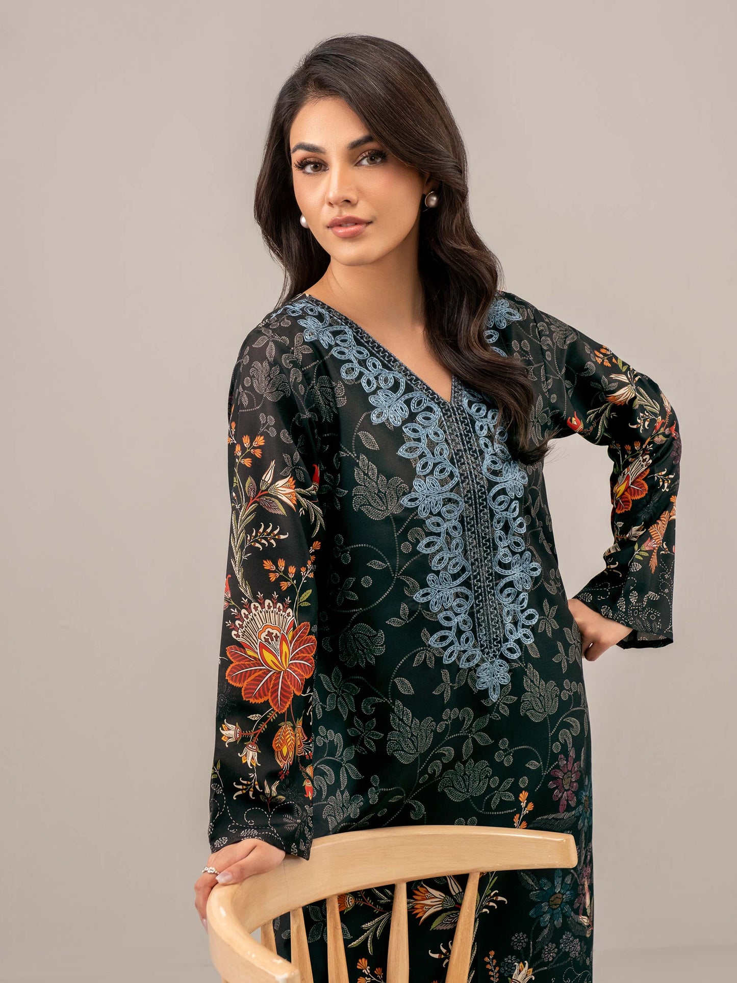 2 Piece Satin Suit-Embroidered (Unstitched)