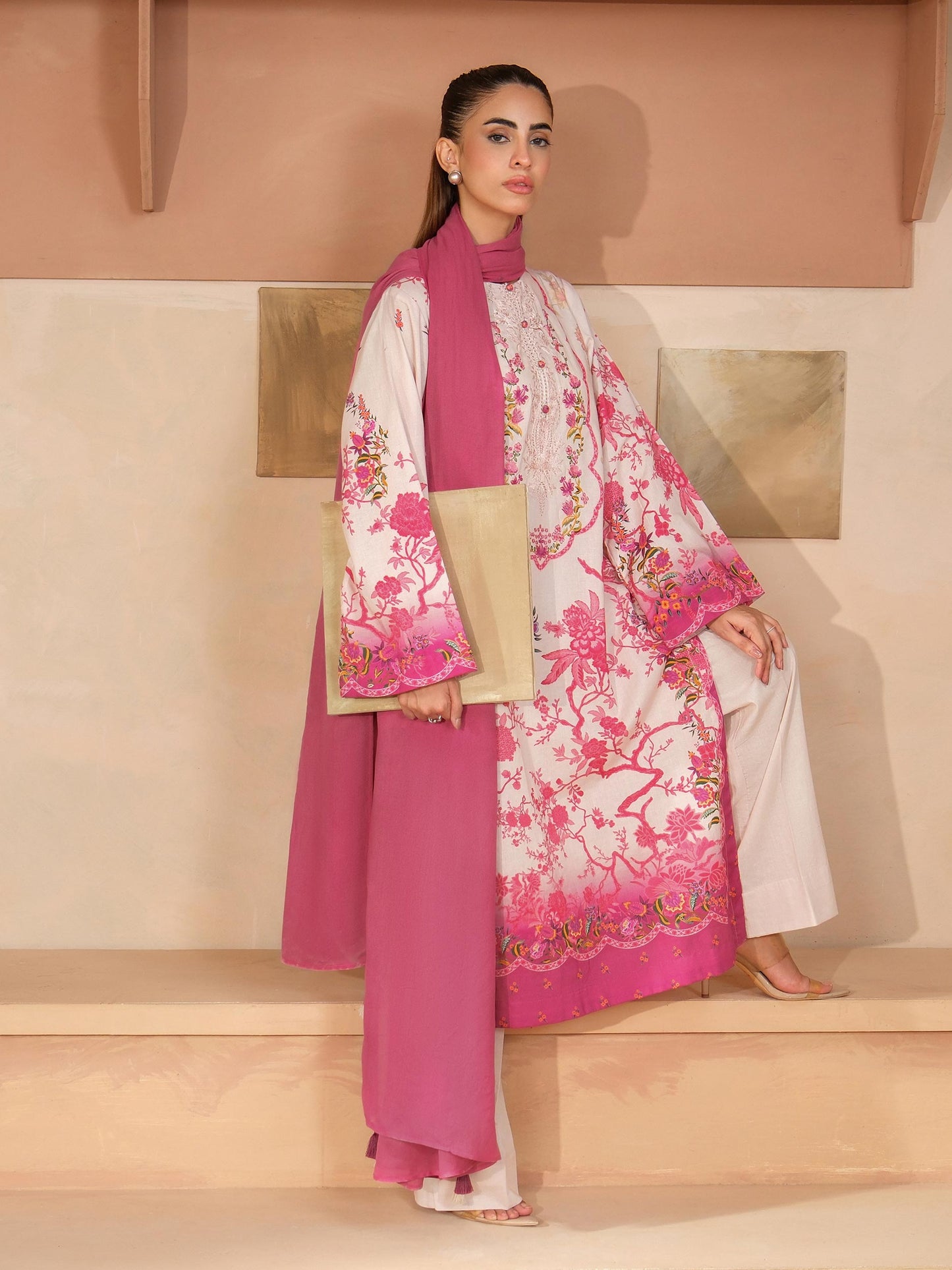 3 Piece Satin Suit-Embroidered (Unstitched)