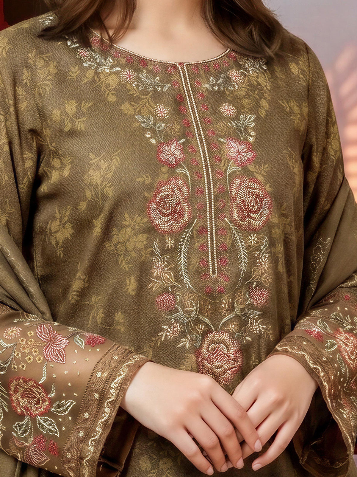 3 Piece Karandi Suit-Embroidered (Unstitched)