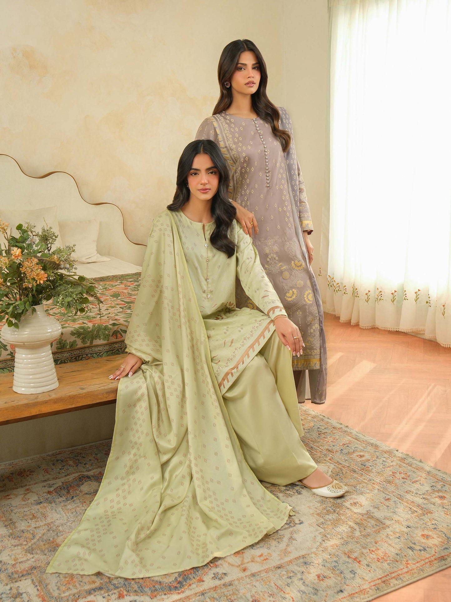 3 Piece Satin Suit-Paste Print (Unstitched)