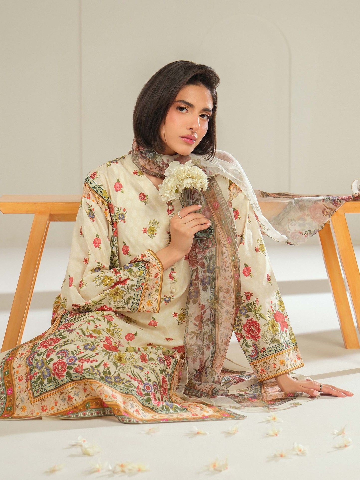 3 Piece Satin Suit-Printed (Unstitched)