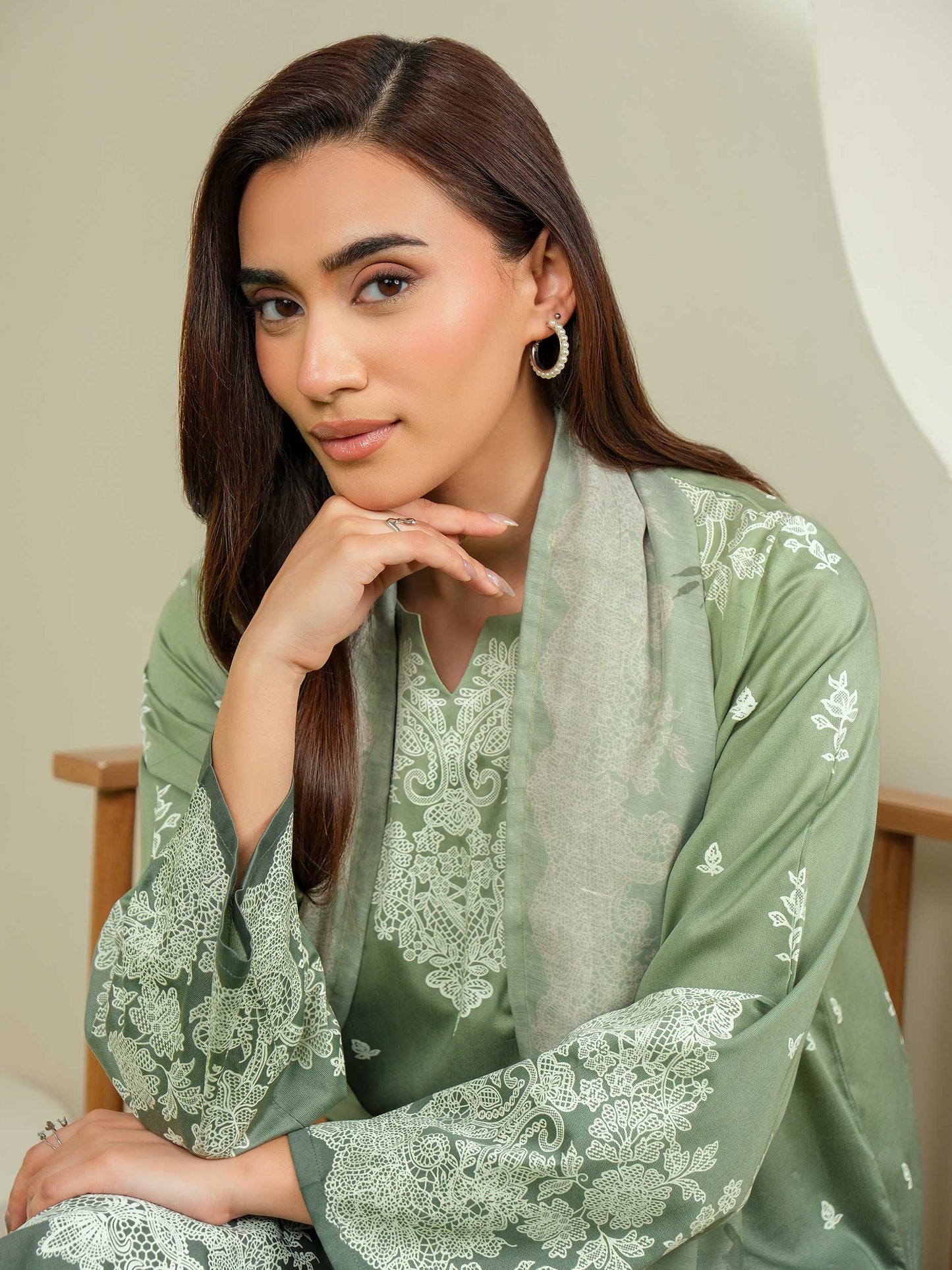 3 Piece Satin Suit-Paste Print (Unstitched)