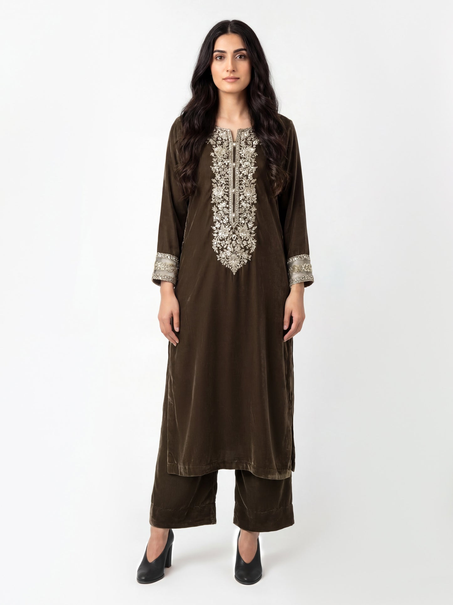 2 Piece Velvet Suit- Embroidered (Pret)