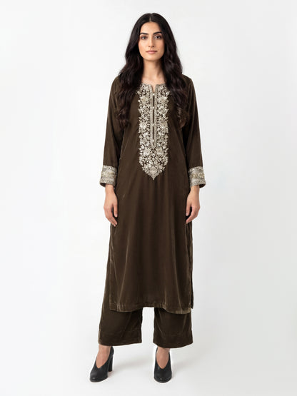 2 Piece Velvet Suit- Embroidered (Pret)