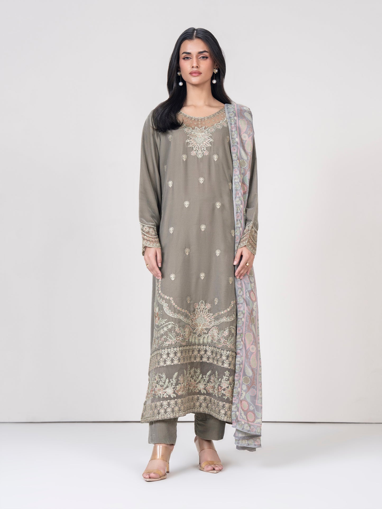 3 Piece Velvet Suit- Embroidered (Pret)