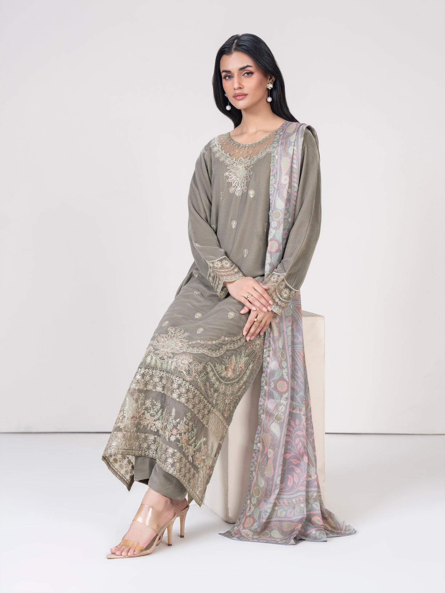 3 Piece Velvet Suit- Embroidered (Pret)