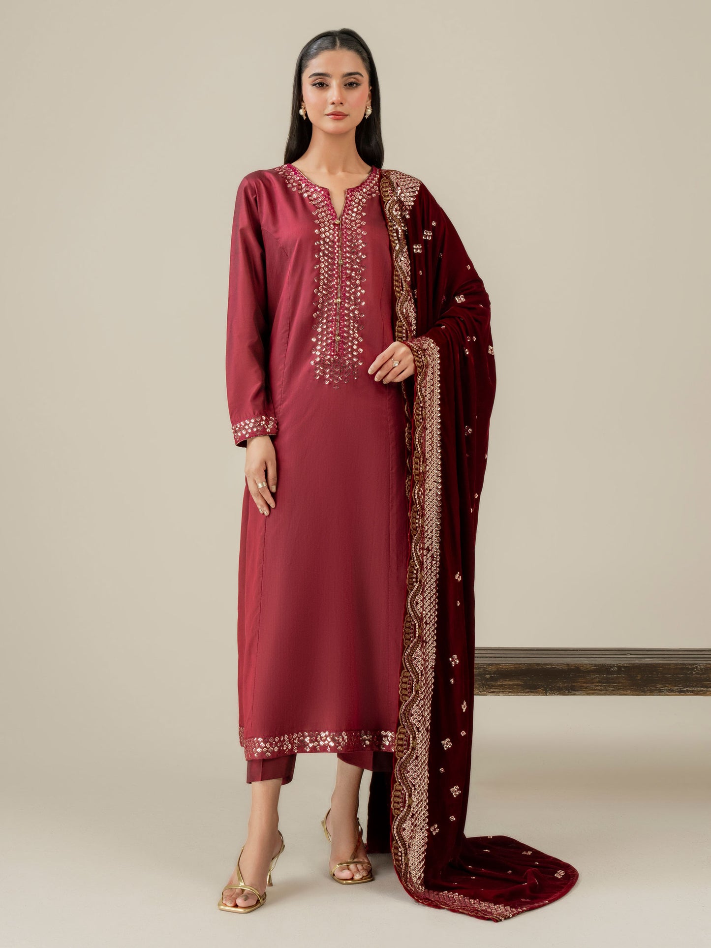 3 Piece Raw Silk Suit-Embroidered (Pret)