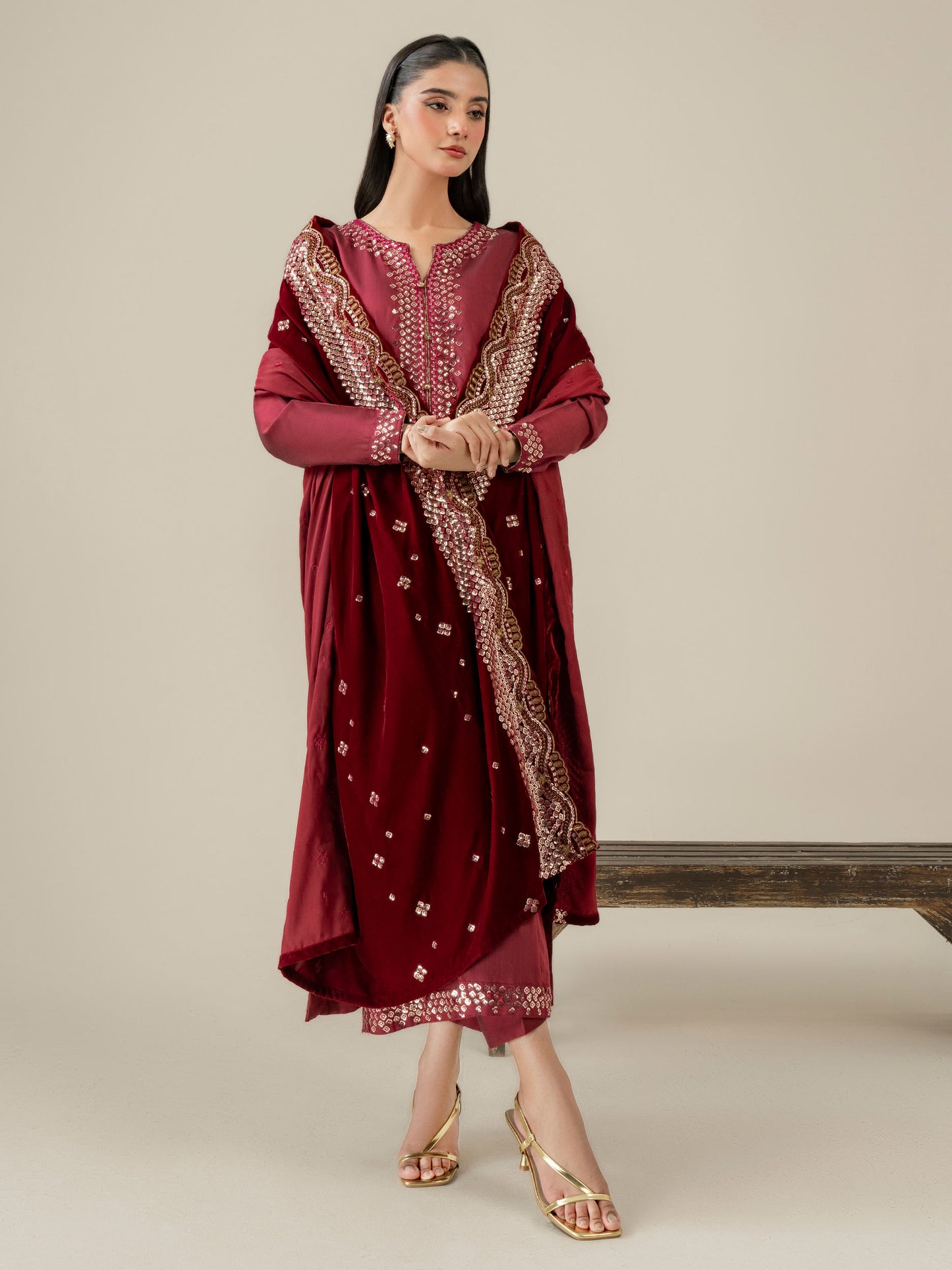 3 Piece Raw Silk Suit-Embroidered (Pret)