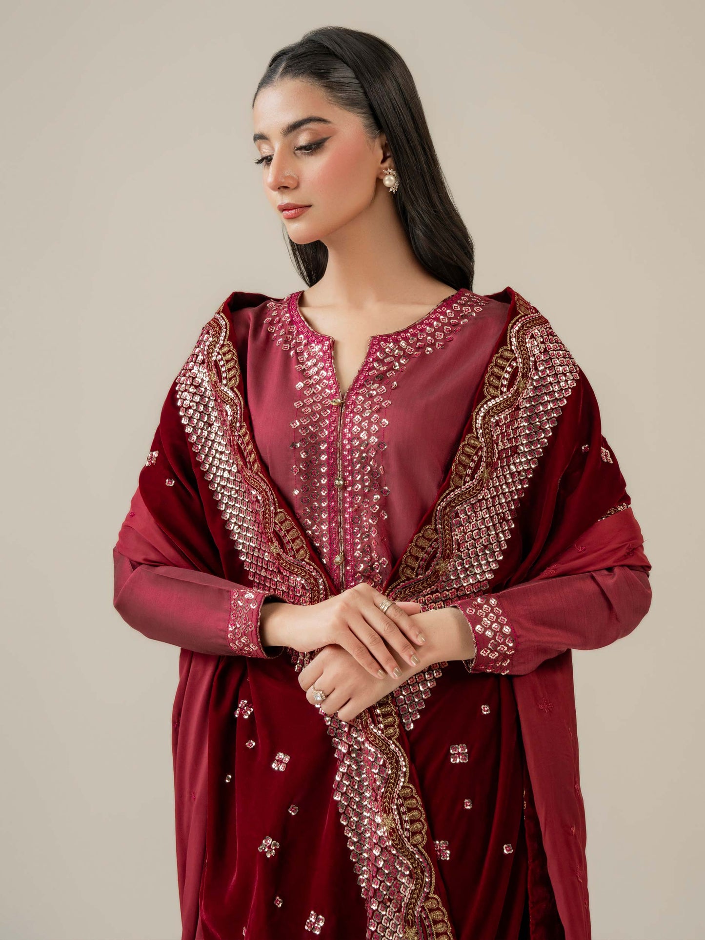 3 Piece Raw Silk Suit-Embroidered (Pret)