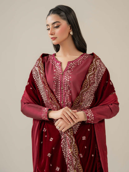 3 Piece Raw Silk Suit-Embroidered (Pret)