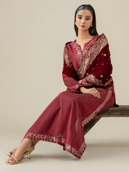 3 Piece Raw Silk Suit-Embroidered (Pret)
