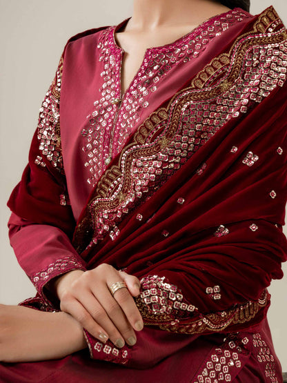 3 Piece Raw Silk Suit-Embroidered (Pret)