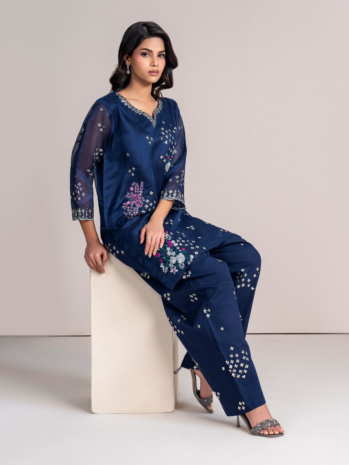 2 Piece Net Suit-Embroidered  (Pret)