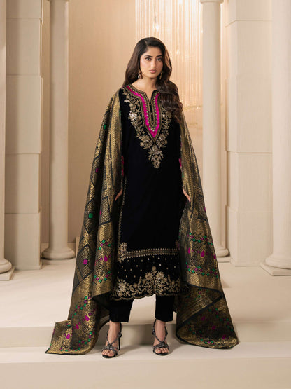 3 Piece Velvet Suit-Embroidered (Pret)