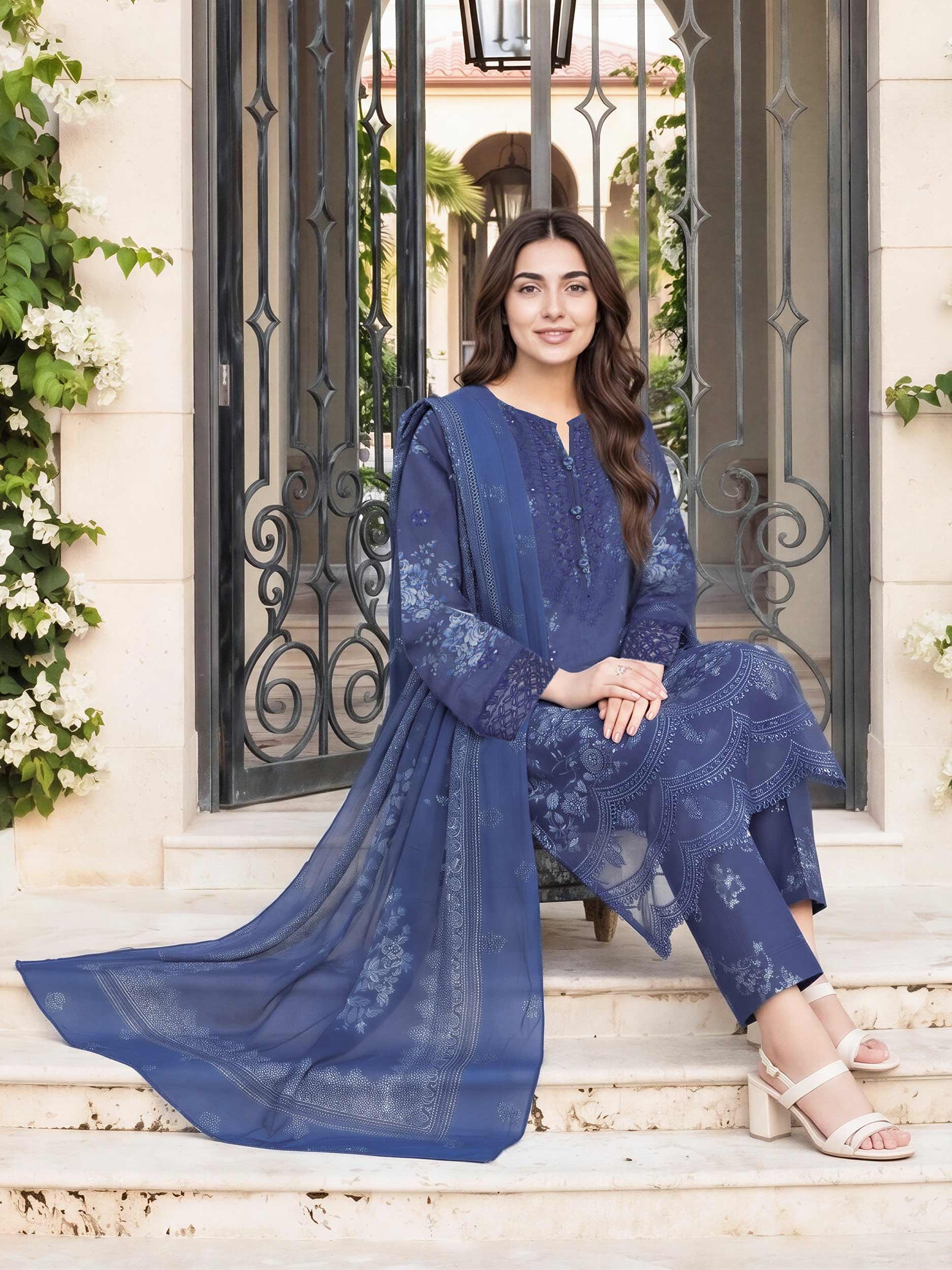 3 Piece Cambric Suit- Embroidered (Pret)