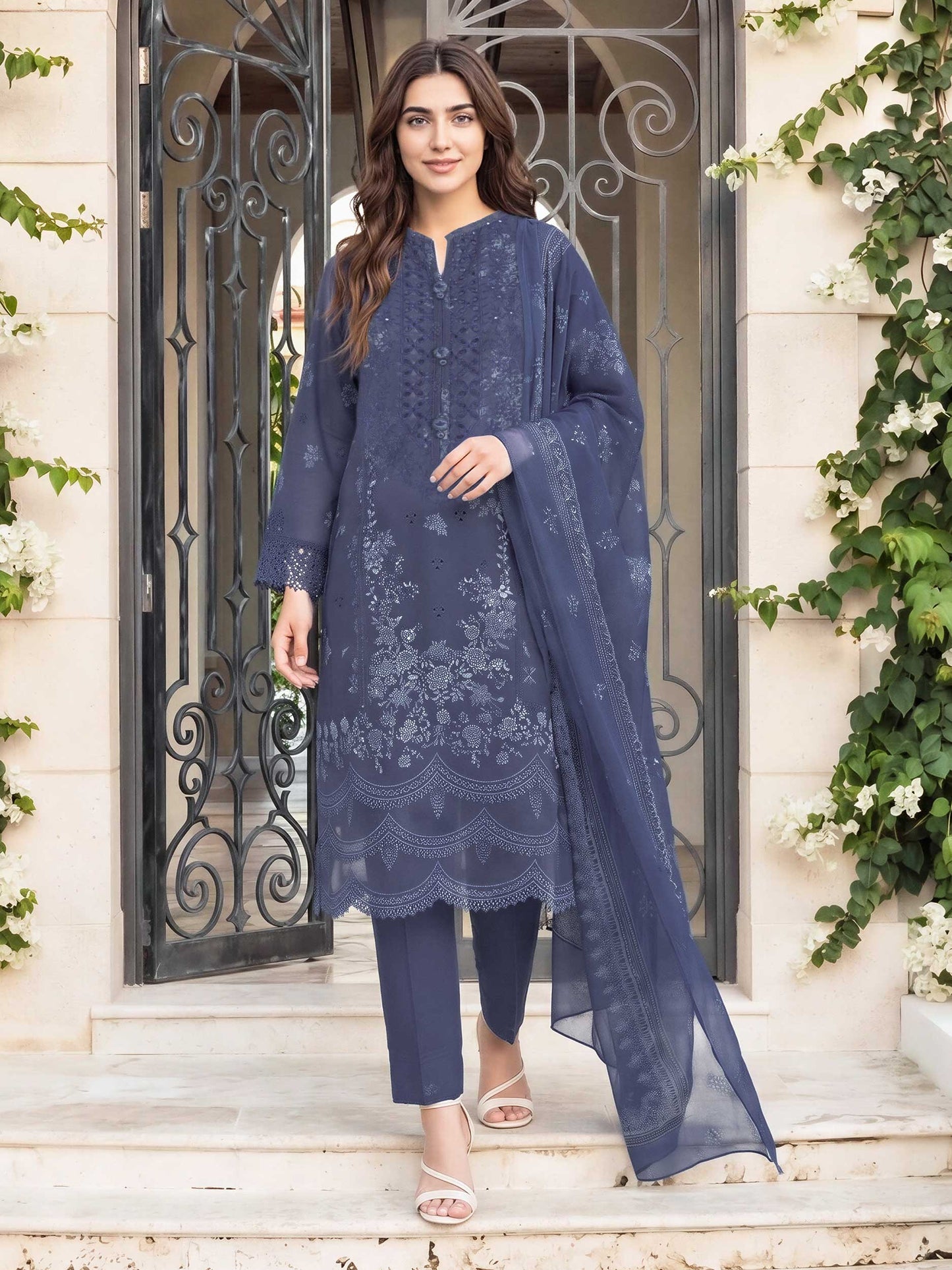 3 Piece Cambric Suit- Embroidered (Pret)