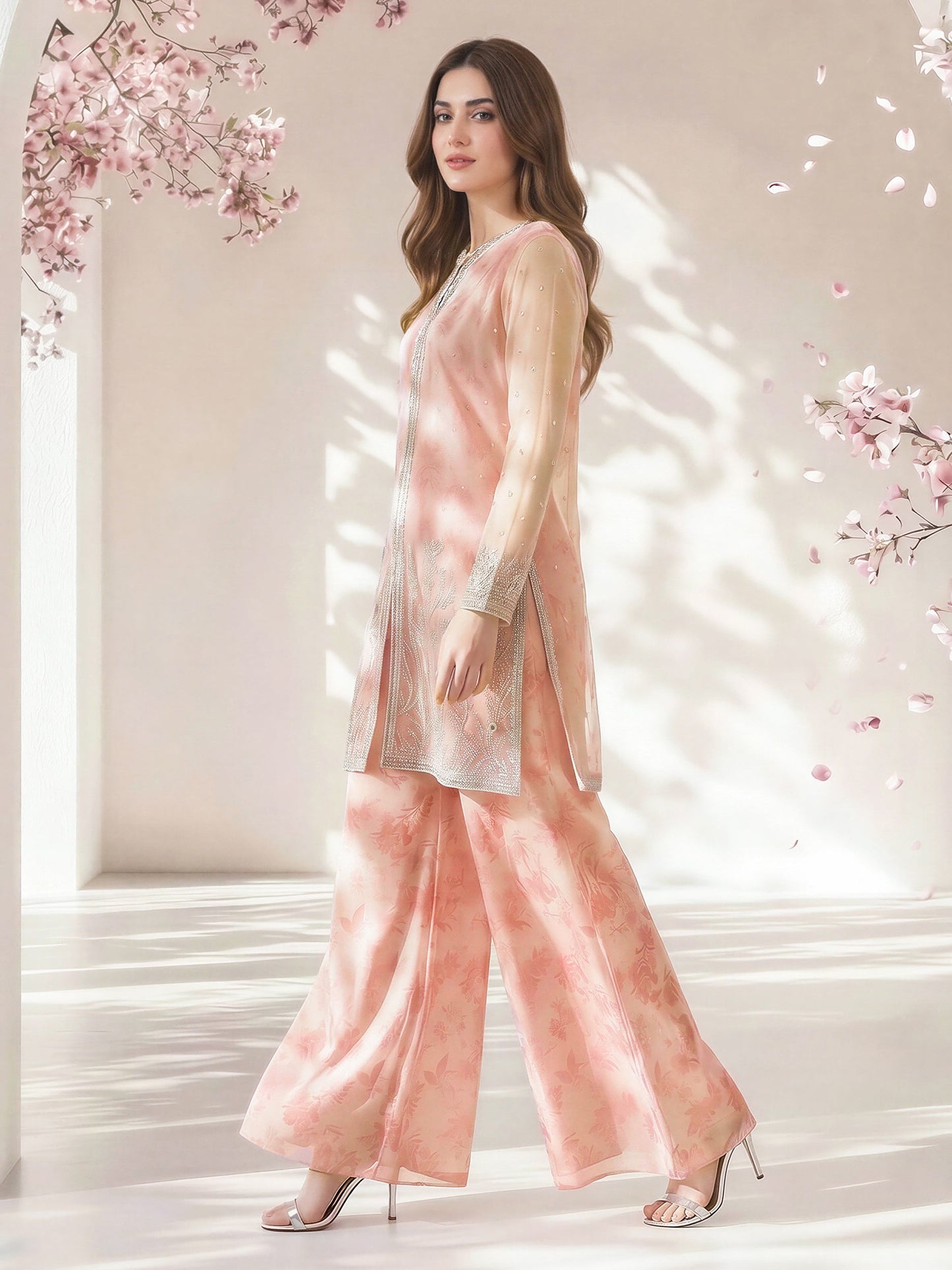 2 Piece Poly Net Suit- Embroidered (Pret)