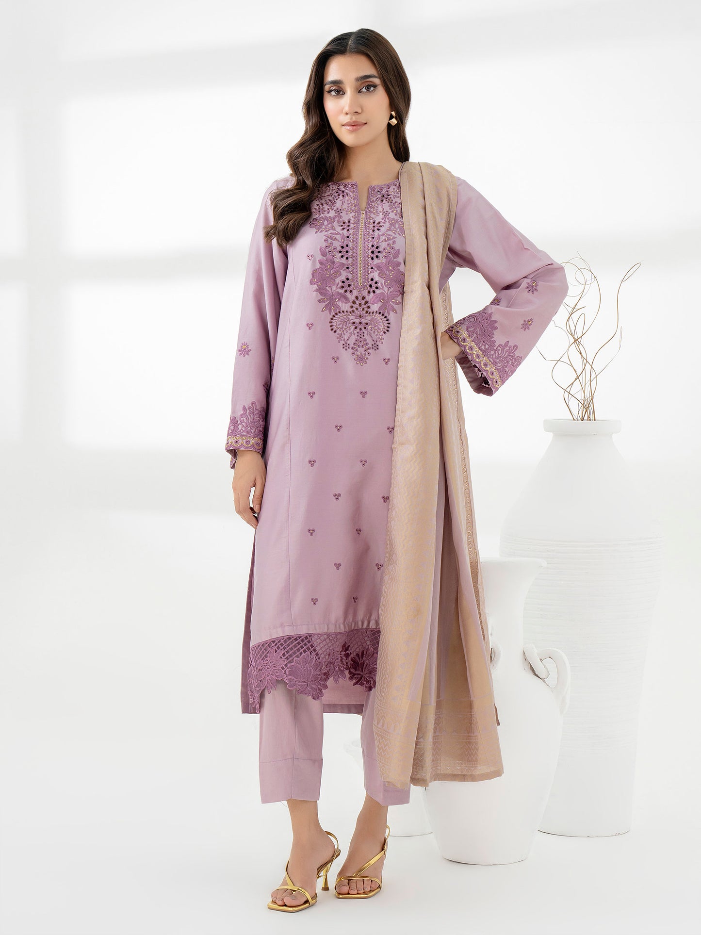 3 Piece Satin Suit-Embroidered (Pret)