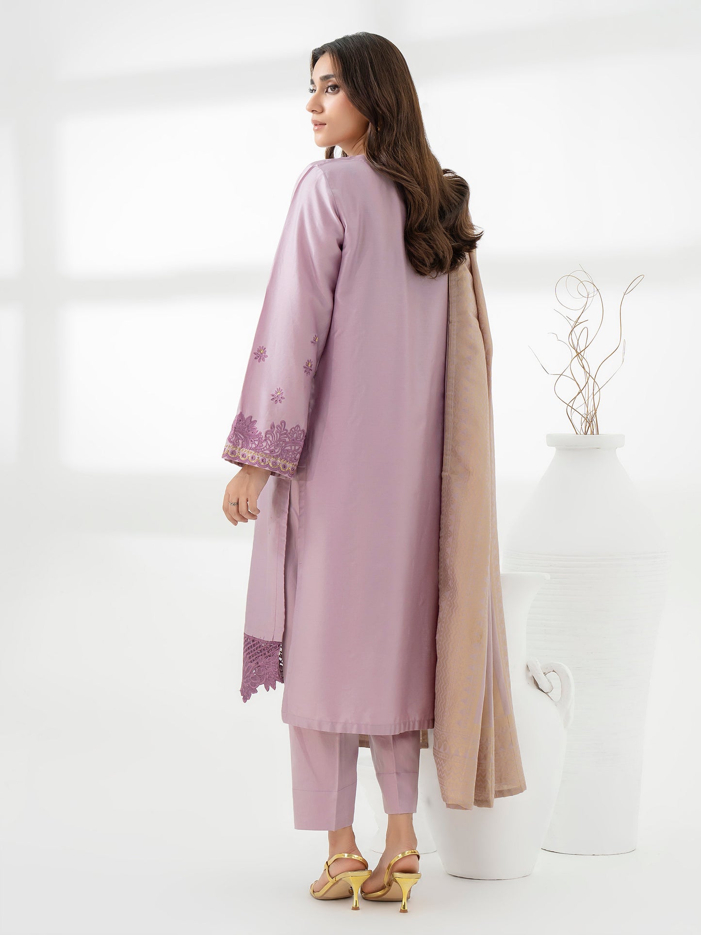 3 Piece Satin Suit-Embroidered (Pret)