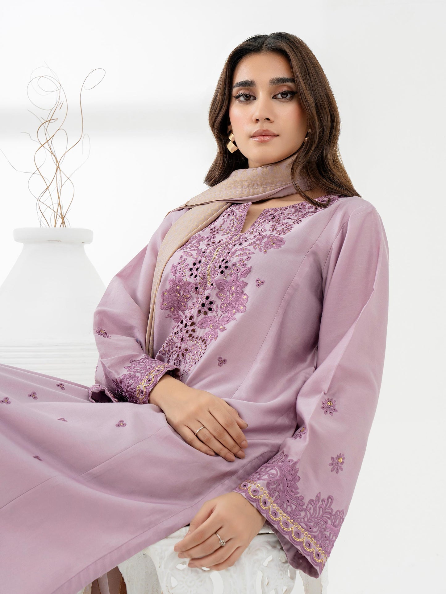 3 Piece Satin Suit-Embroidered (Pret)