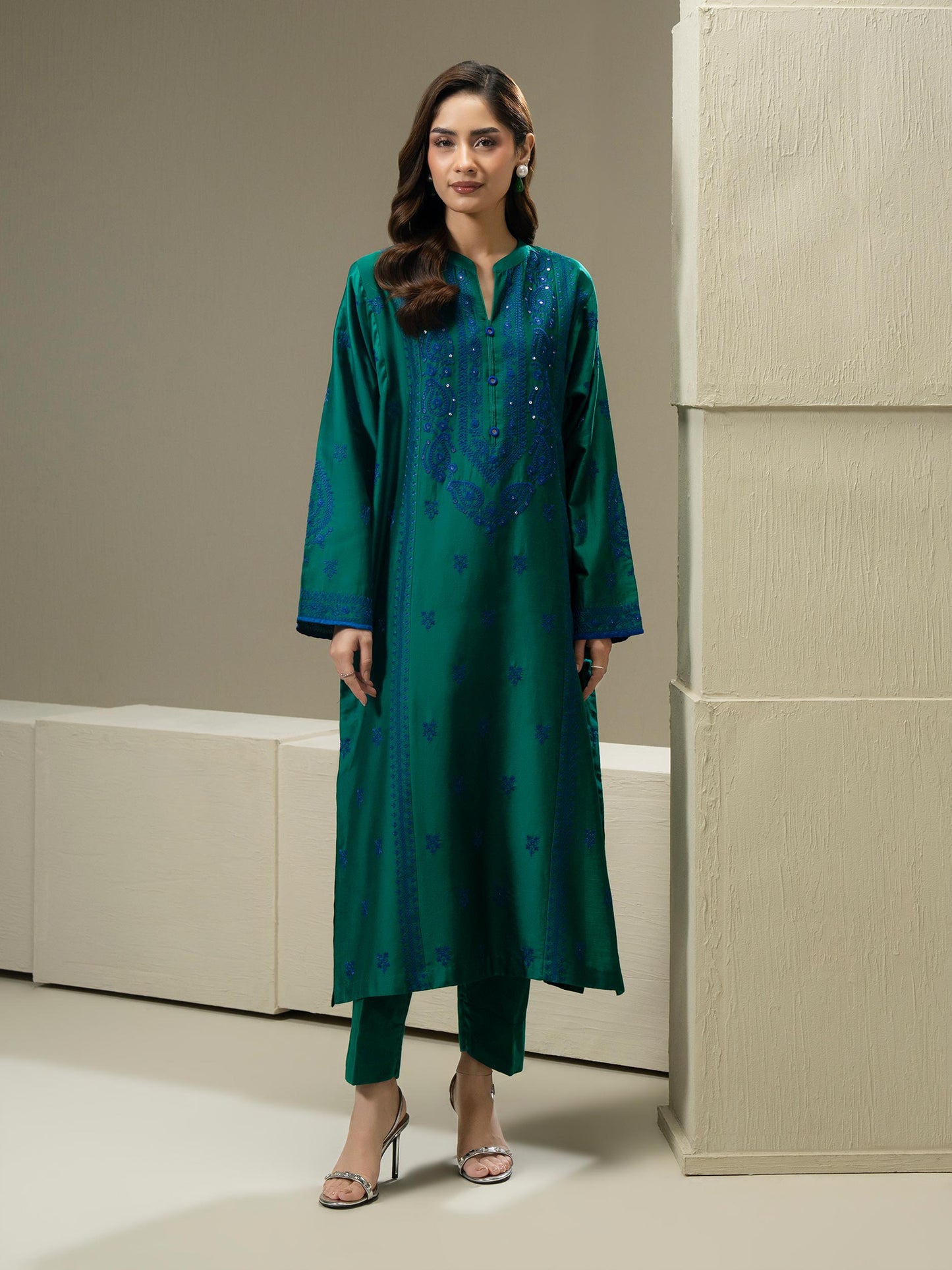 2 Piece Satin Suit-Embroidered (Pret)