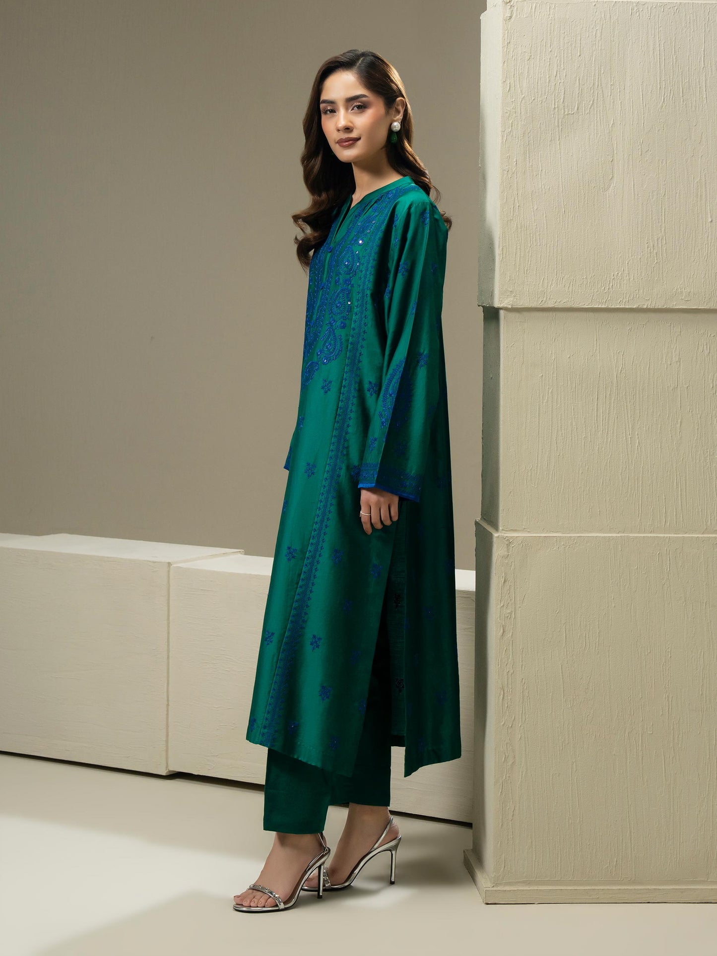 2 Piece Satin Suit-Embroidered (Pret)