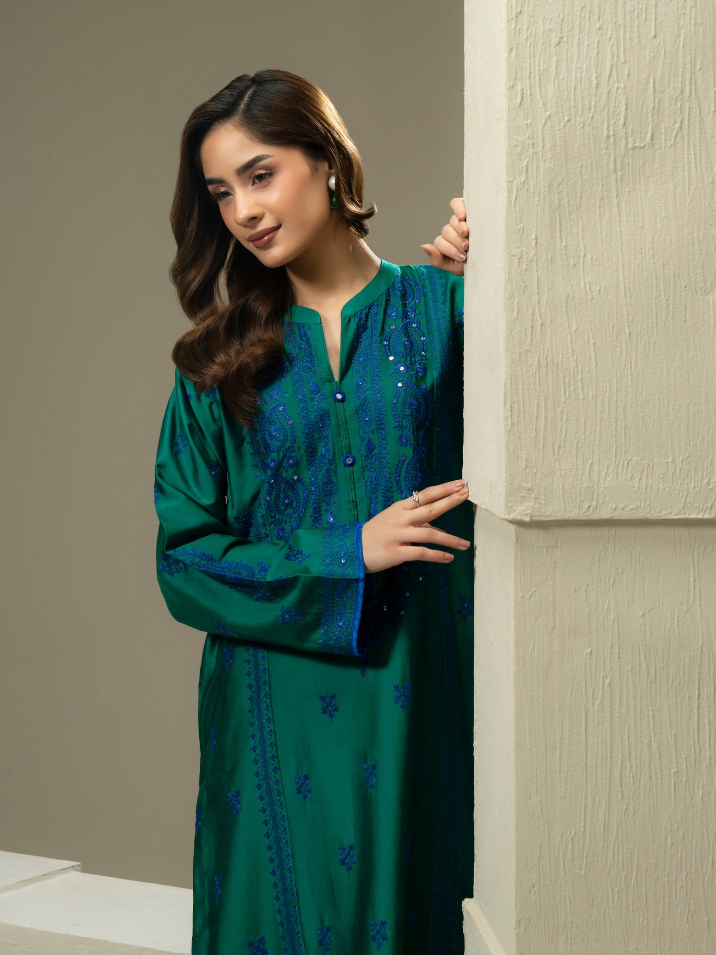 2 Piece Satin Suit-Embroidered (Pret)