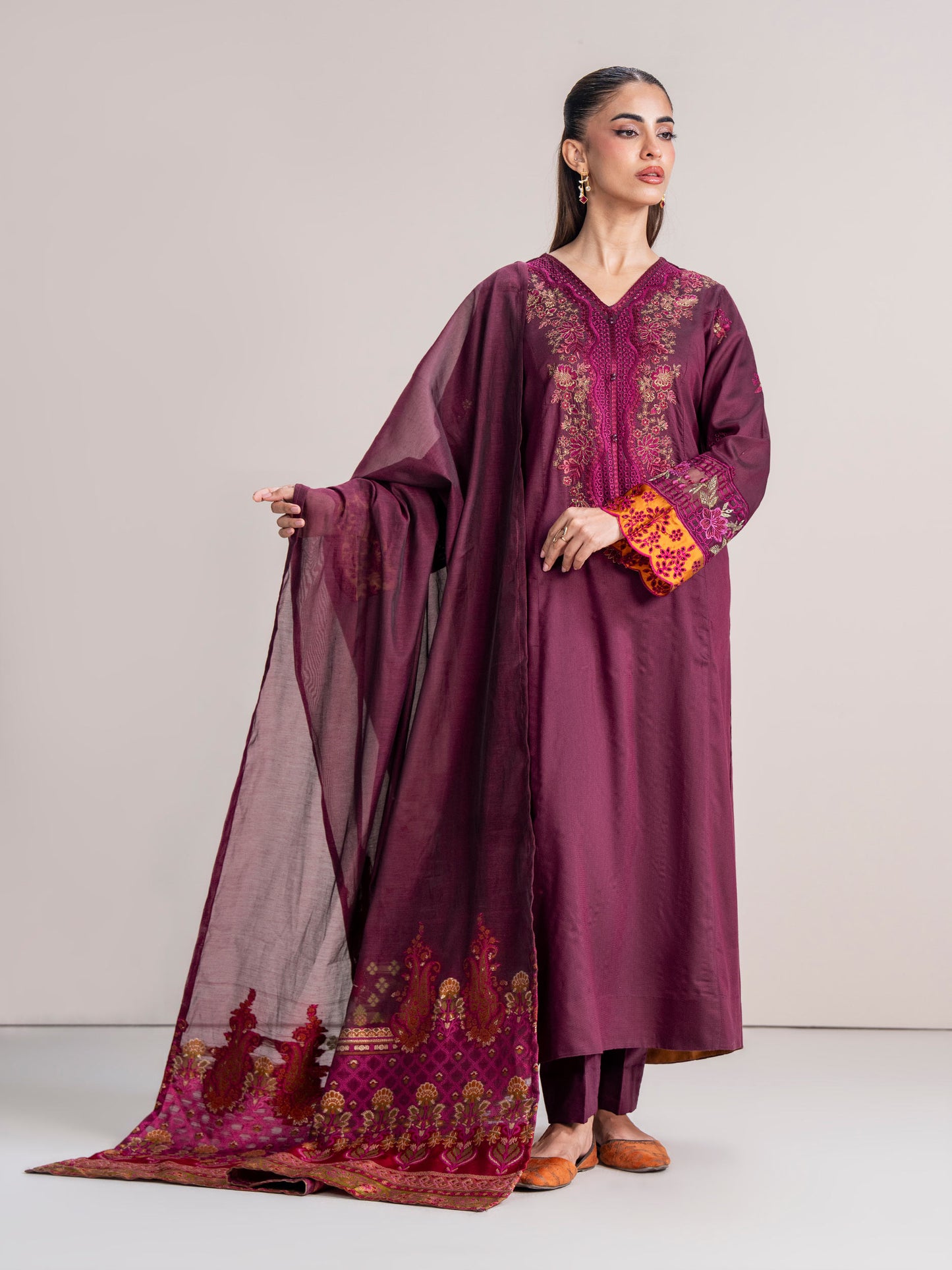 3 Piece Raw Silk Suit- Embroidered (Pret)