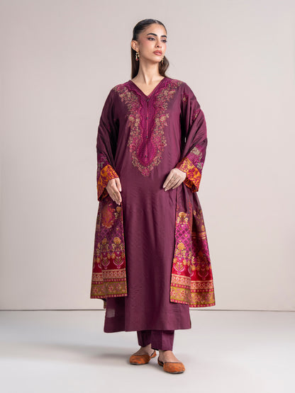 3 Piece Raw Silk Suit- Embroidered (Pret)