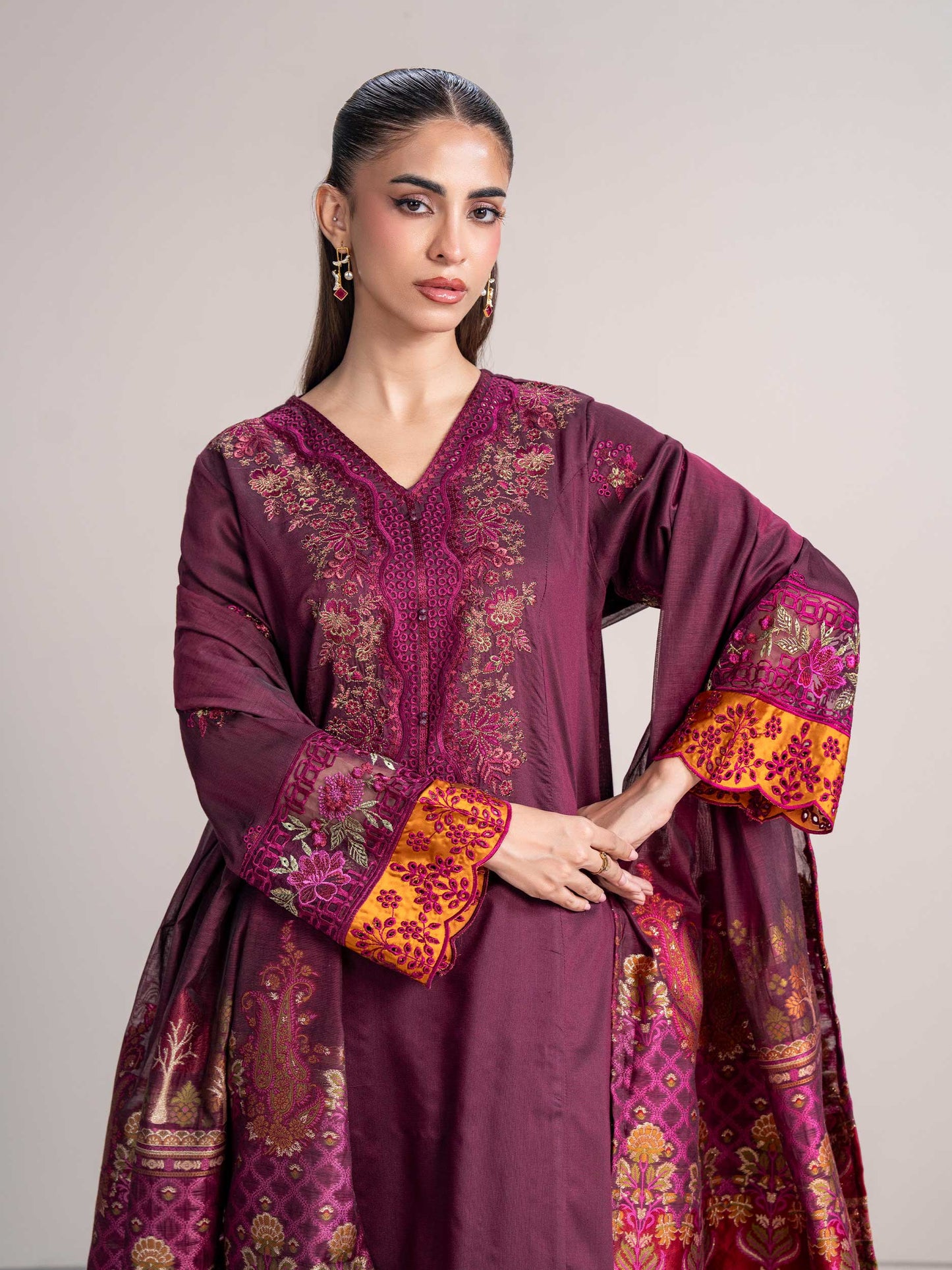 3 Piece Raw Silk Suit- Embroidered (Pret)