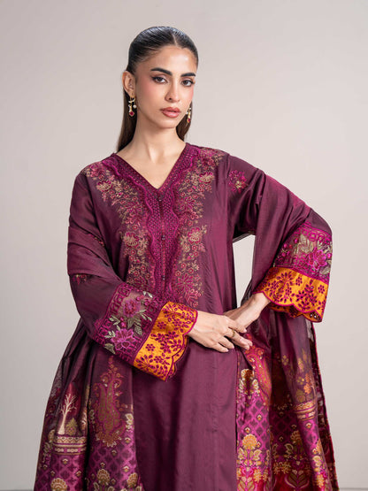 3 Piece Raw Silk Suit- Embroidered (Pret)