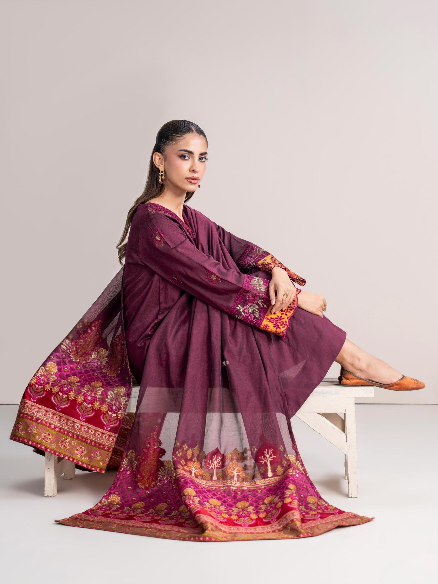 3 Piece Raw Silk Suit- Embroidered (Pret)