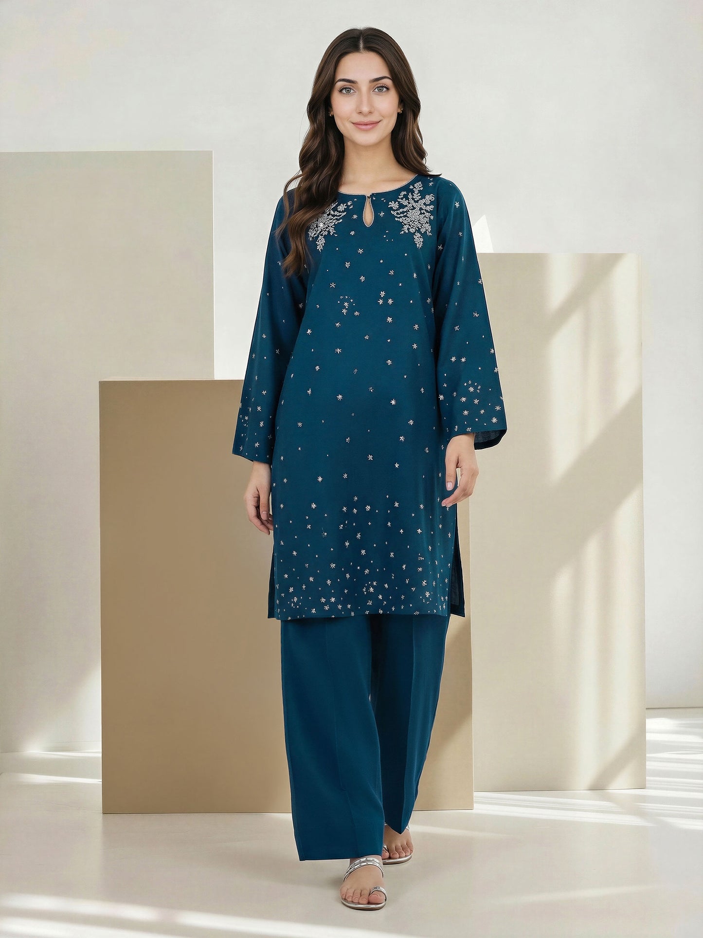 2 Piece Satin Suit- Embroirdered (Pret)