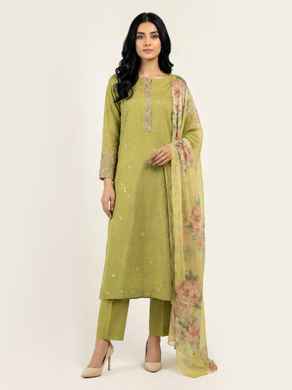 3 Piece Zari Slub Suit- Embroidered (Pret)
