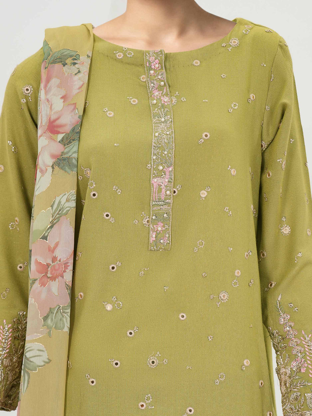 3 Piece Zari Slub Suit- Embroidered (Pret)