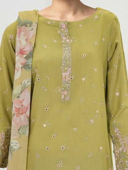 3 Piece Zari Slub Suit- Embroidered (Pret)