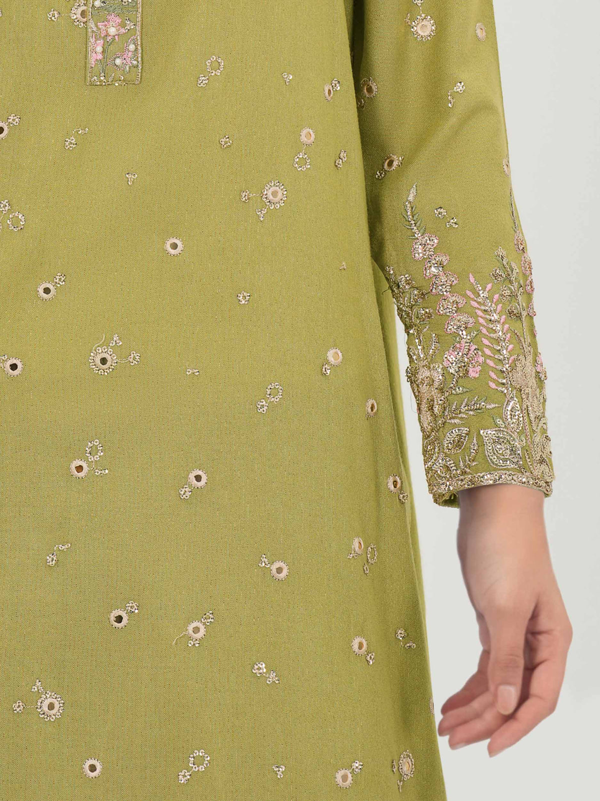 3 Piece Zari Slub Suit- Embroidered (Pret)