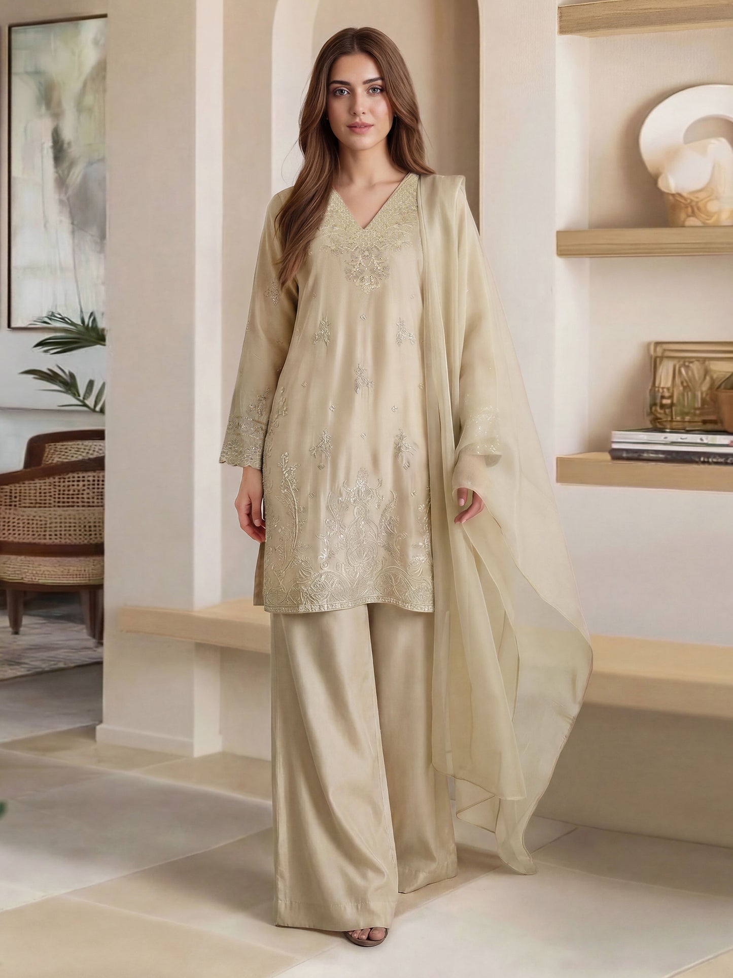 3 Piece Oak Silk Suit- Embroidered (Pret)