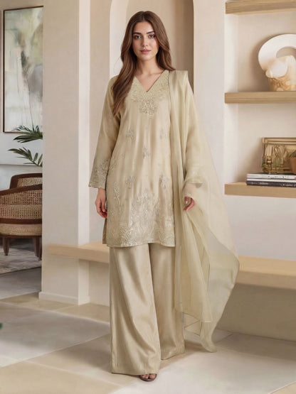 3 Piece Oak Silk Suit- Embroidered (Pret)