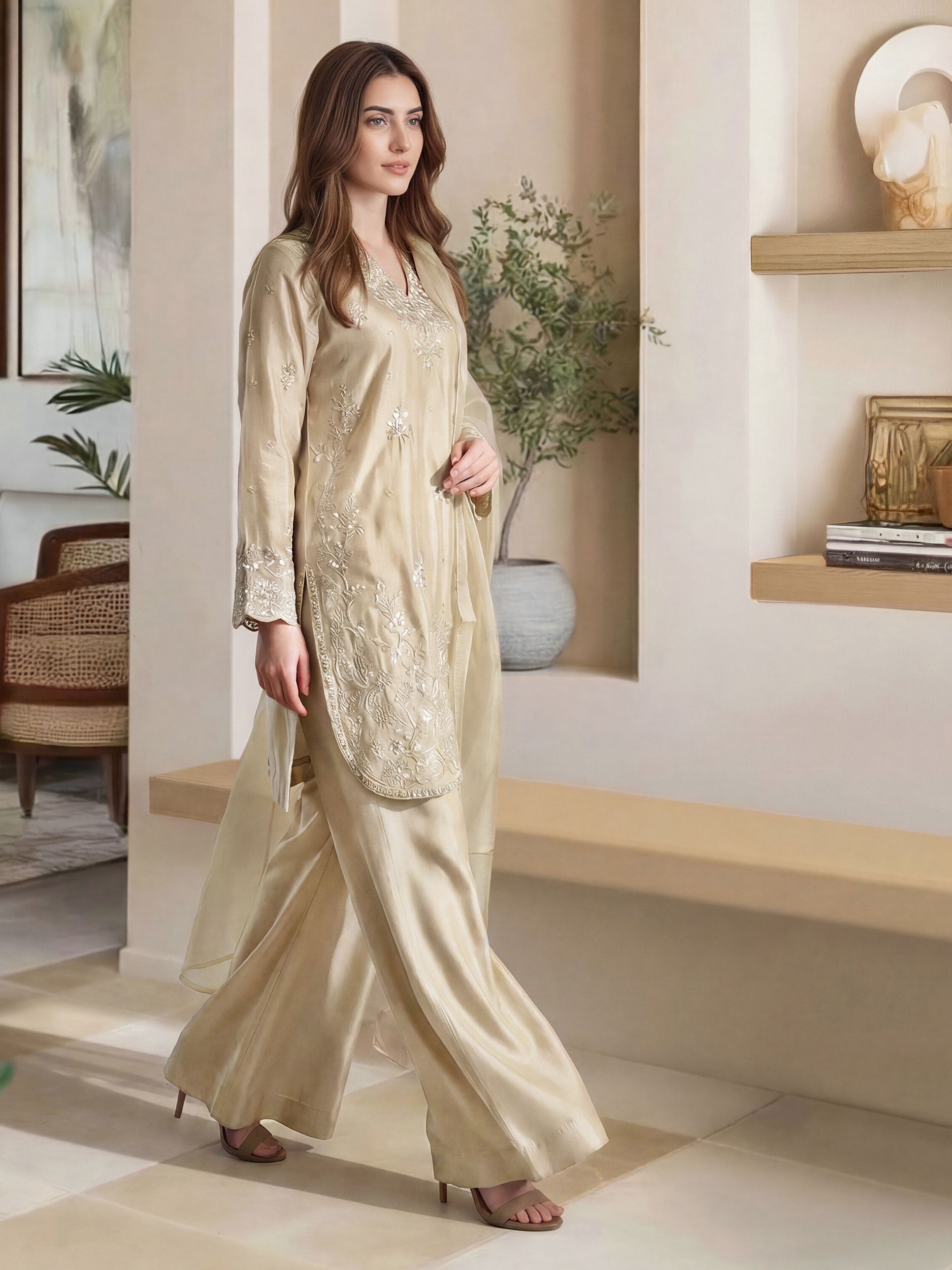 3 Piece Oak Silk Suit- Embroidered (Pret)